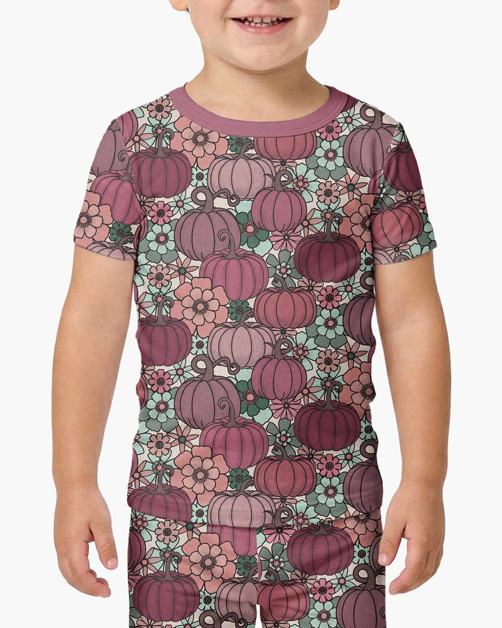 Retro Floral Pumpkin Patch Bamboo Two Piece Short Sleeve Pajama Set