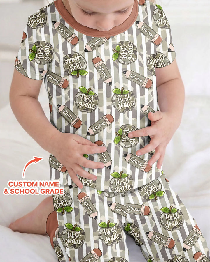 Custom Name Camo Apple Days Bamboo Two Piece Short Sleeve Pajama Set