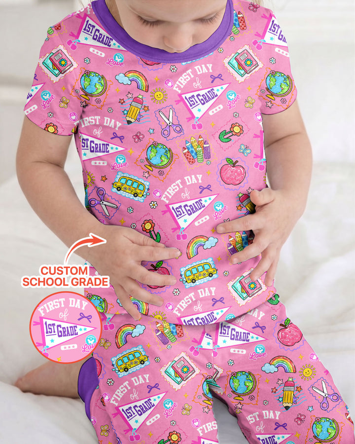 Custom Grade Girls School First Day Bamboo Two Piece Short Sleeve Pajama Set