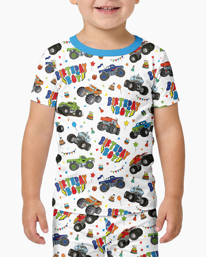 Monster Truck Birthday Boy Bamboo Two Piece Short Sleeve Pajama Set