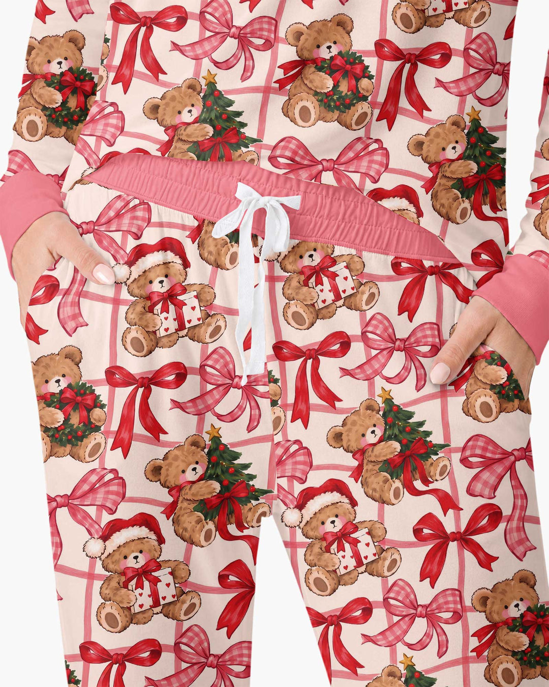 Pink Christmas Teddy Bear Plaid Mommy & Me Matching Bamboo Women Pajama Set