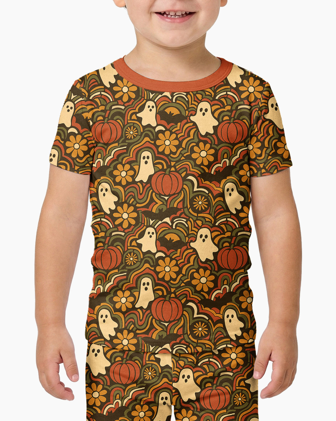 Retro Halloween Ghost Pumpkin Floral Bamboo Two Piece Short Sleeve Pajama Set