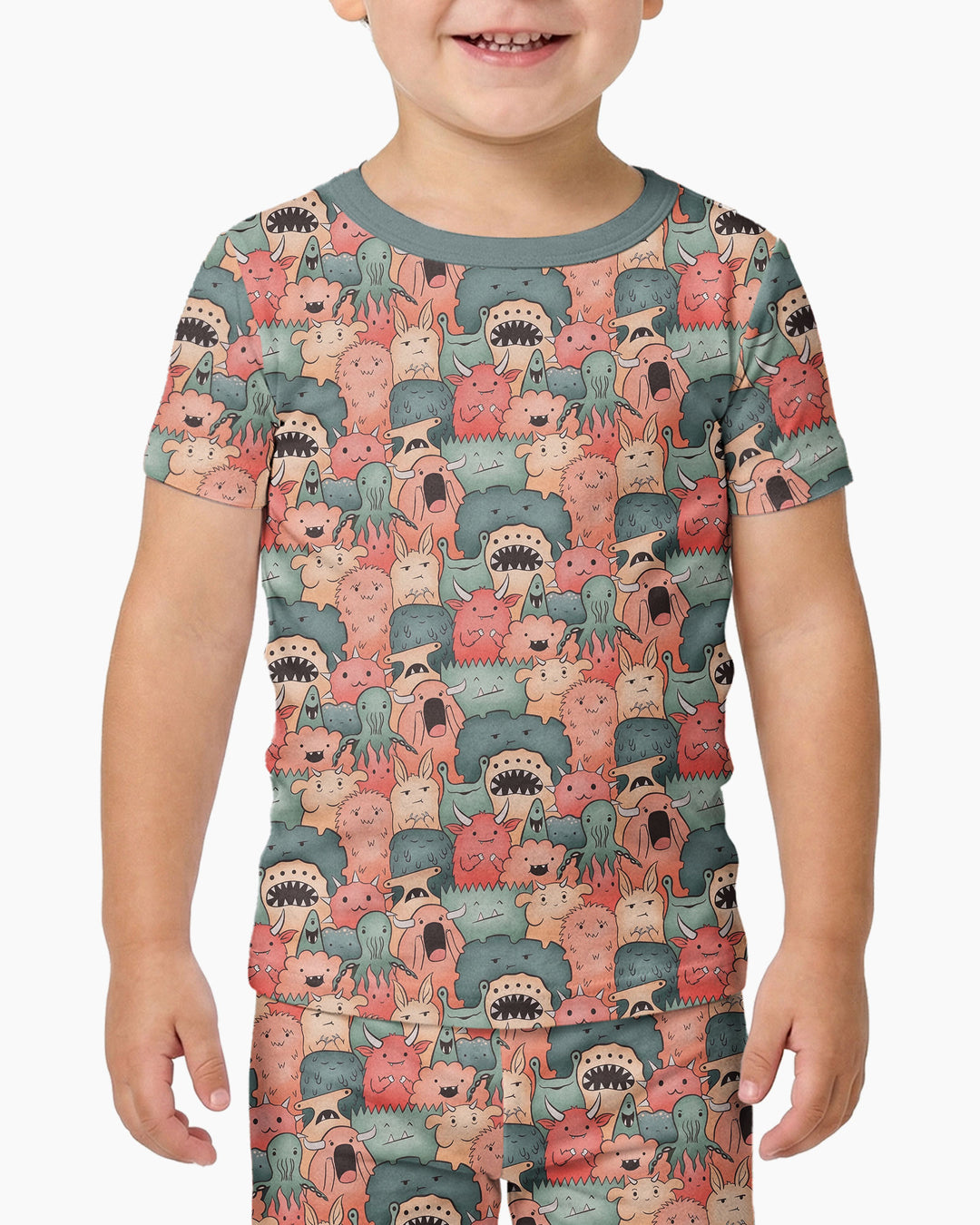 Cute Monster Crowd Bamboo Two Piece Short Sleeve Pajama Set
