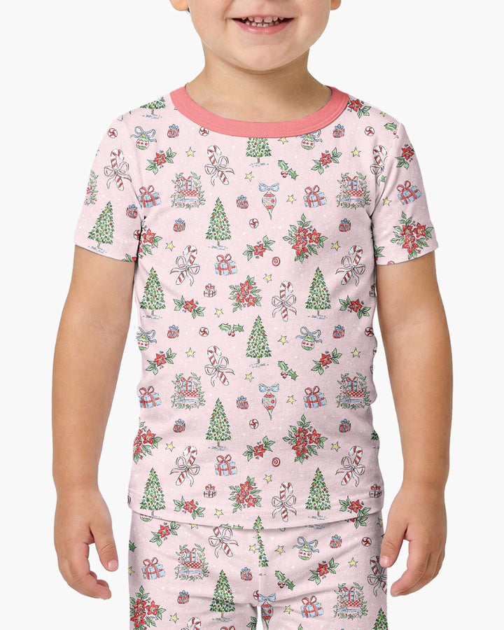 Watercolor Pink Christmas Holidays Christmas Tree Gifts Candy Cane Bamboo Two Piece Short Sleeve Pajama Set