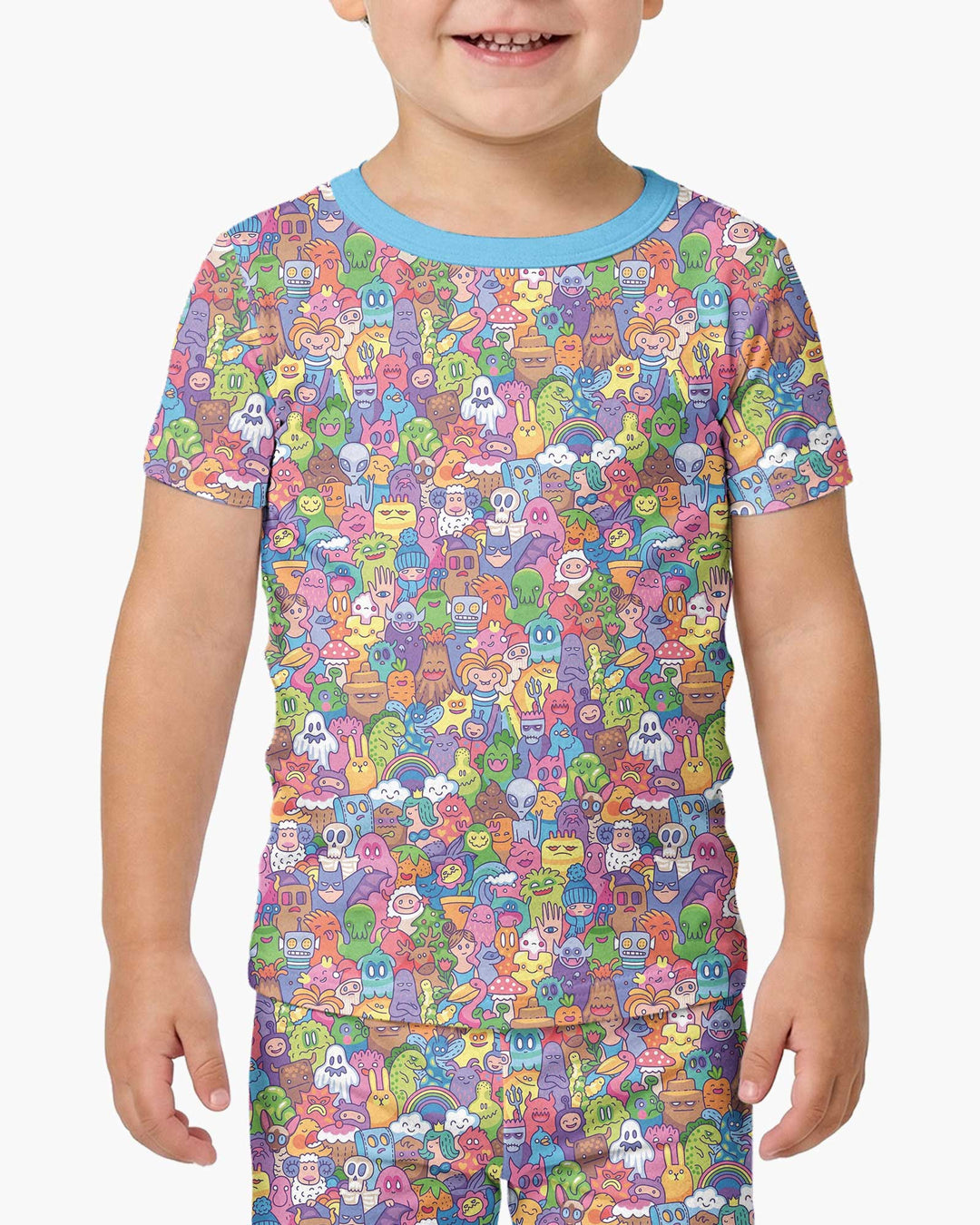 Doodle Characters Pastel Bamboo Two Piece Short Sleeve Pajama Set