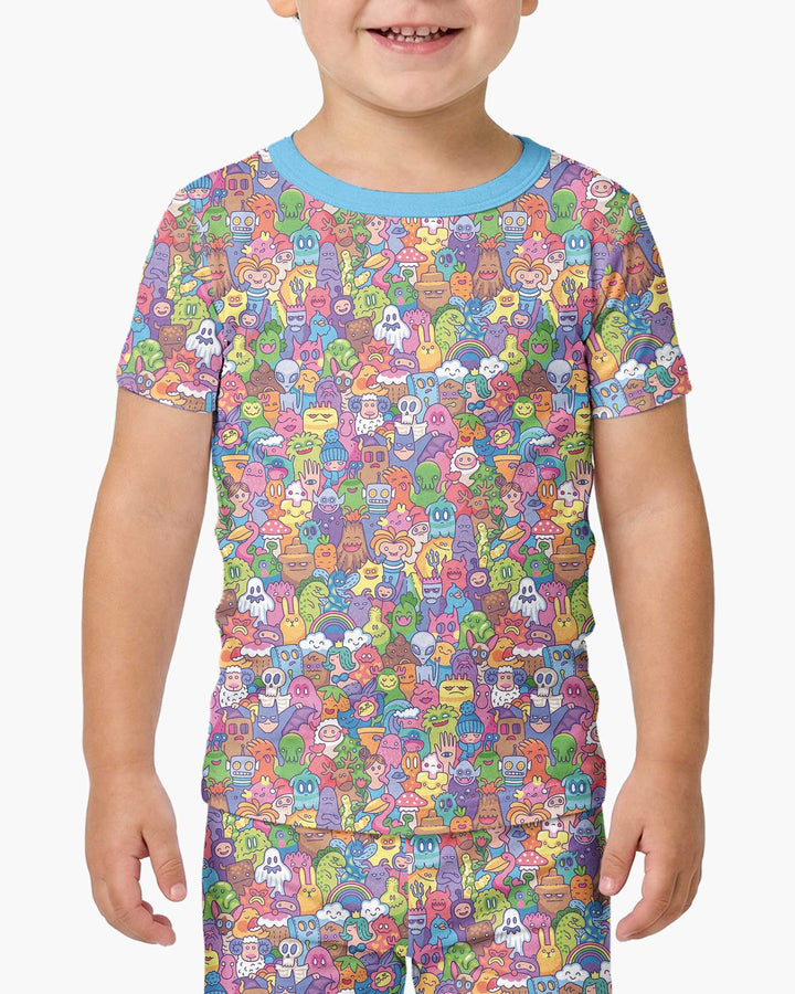 Doodle Characters Pastel Bamboo Two Piece Short Sleeve Pajama Set