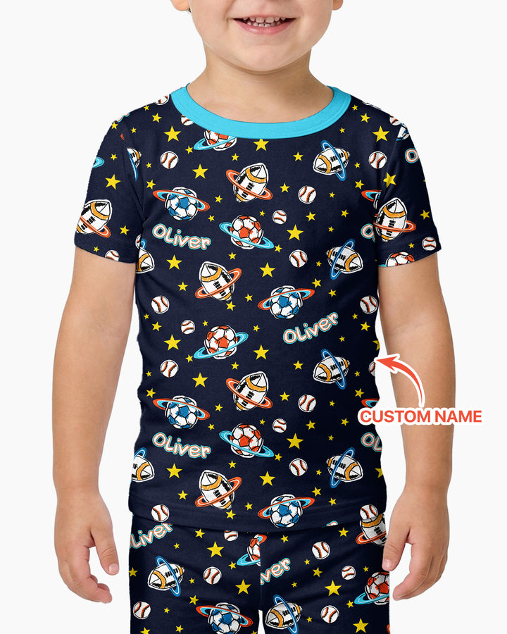 Custom Name Space Sport Bamboo Two Piece Short Sleeve Pajama Set