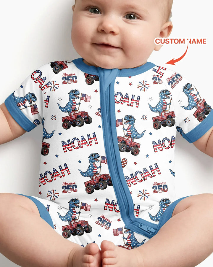 Custom Name American Flag Dinosaur Bamboo Shorty Zippy