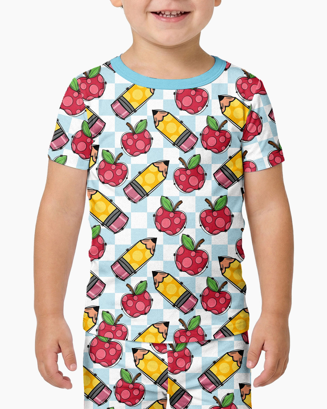 Checkered Apple Scribbles Bamboo Two Piece Short Sleeve Pajama Set