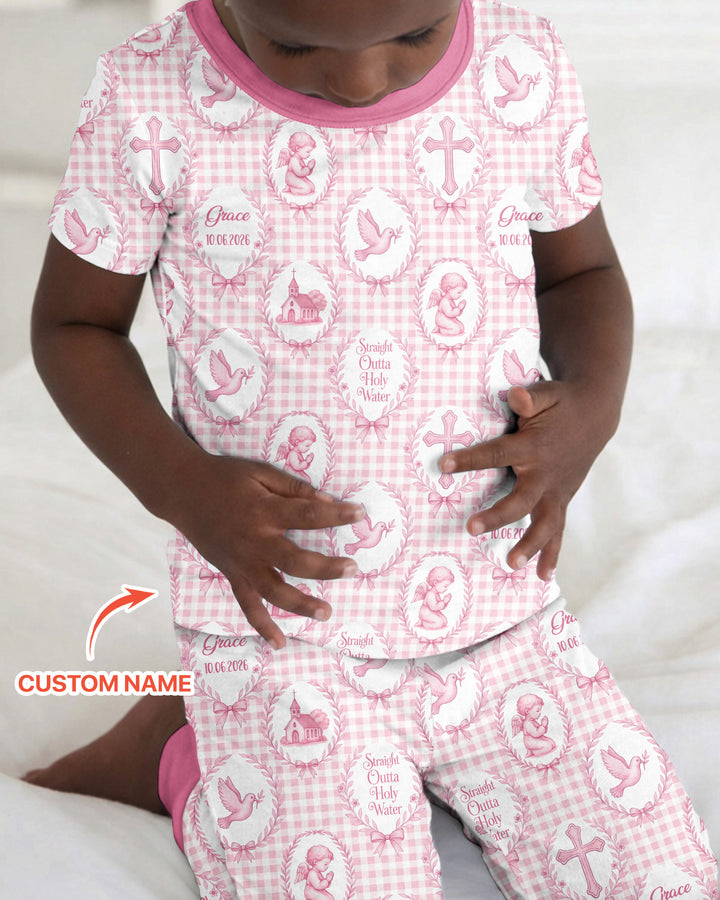 Custom Name Baptism Straight Outta Holy Water Bamboo Two Piece Short Sleeve Pajama Set