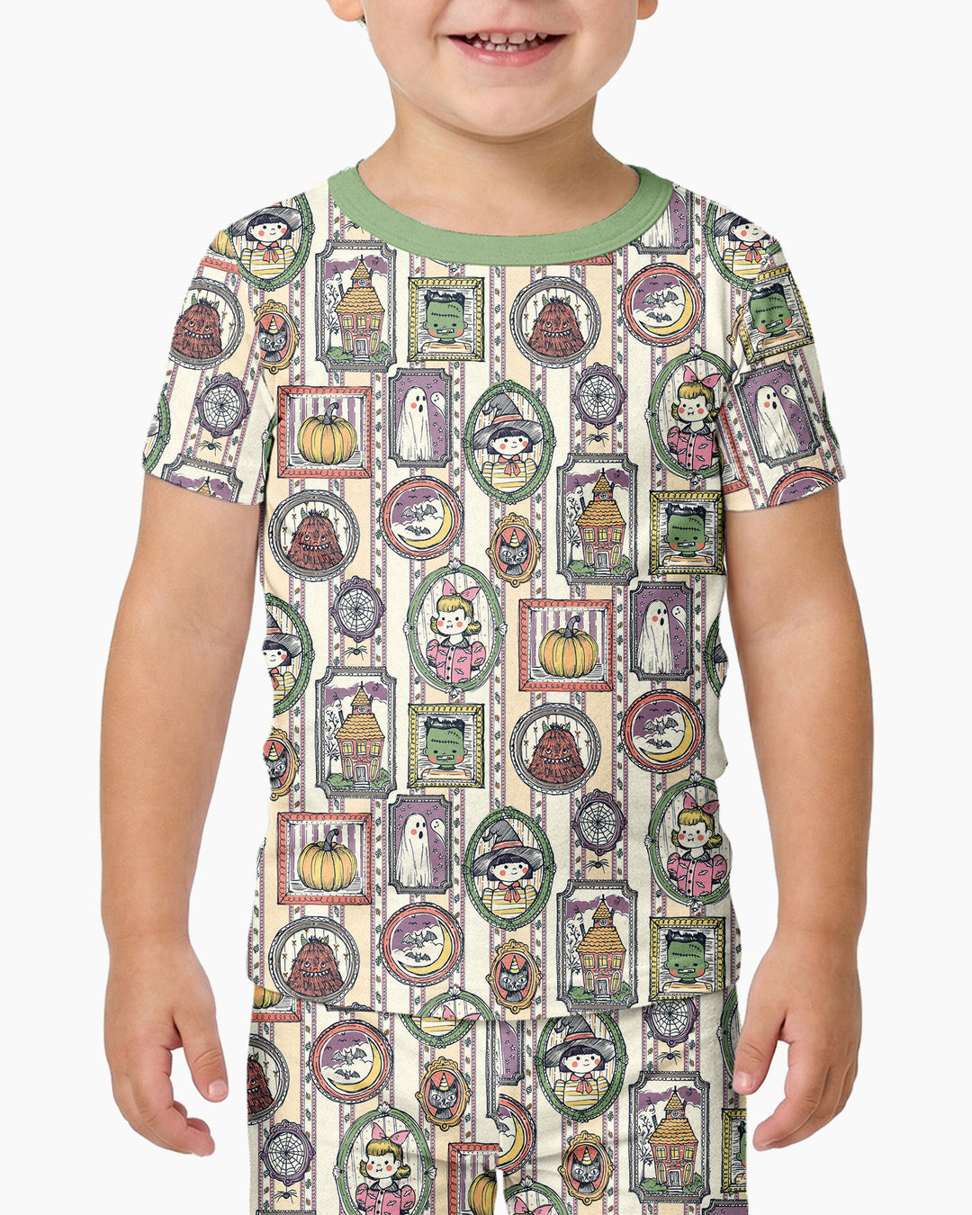 Vintage Halloween Ghost Pumpkin Portraits Bamboo Two Piece Short Sleeve Pajama Set