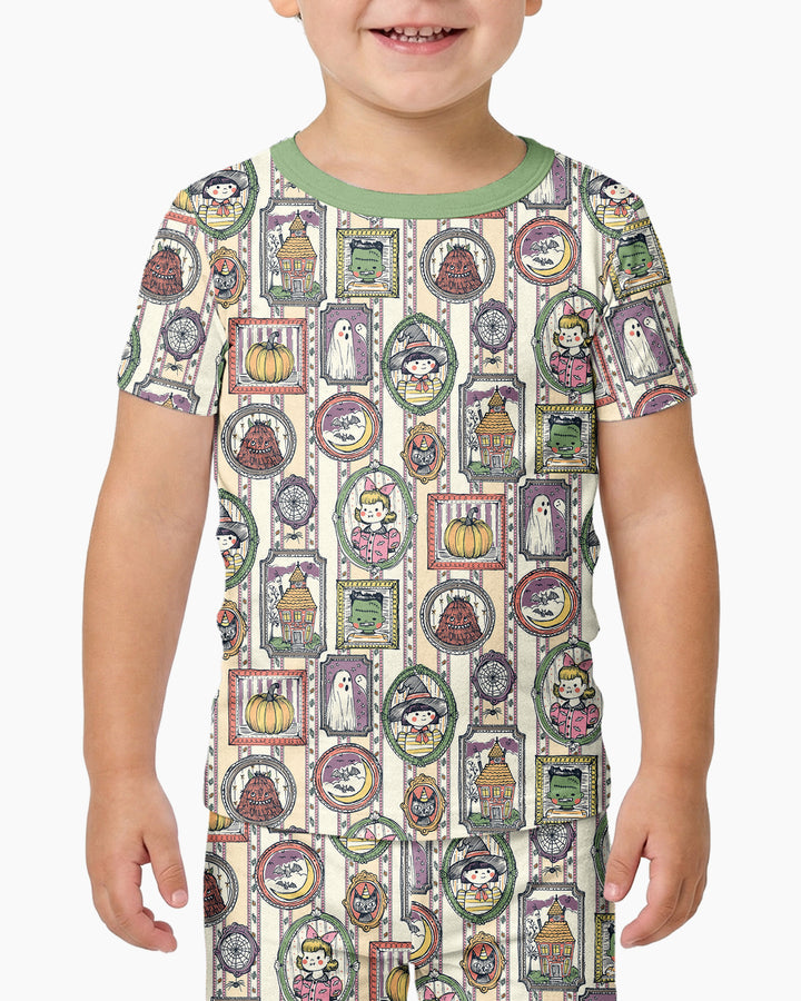 Vintage Halloween Ghost Pumpkin Portraits Bamboo Two Piece Short Sleeve Pajama Set