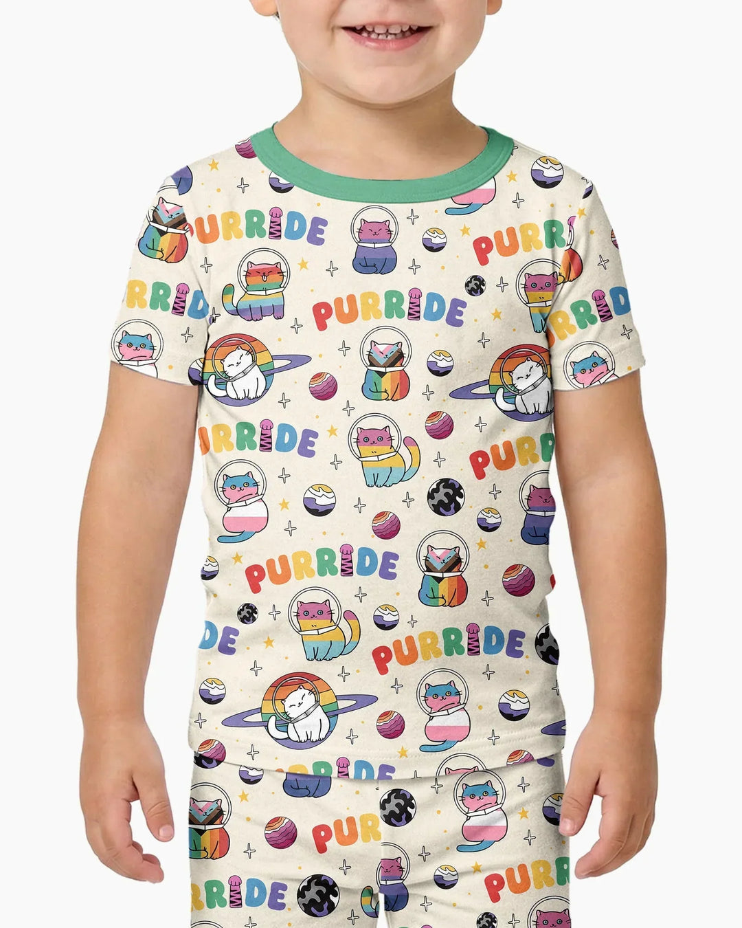 Rainbow Space Cats Family Matching Bamboo Two Piece Short Sleeve Pajama Set
