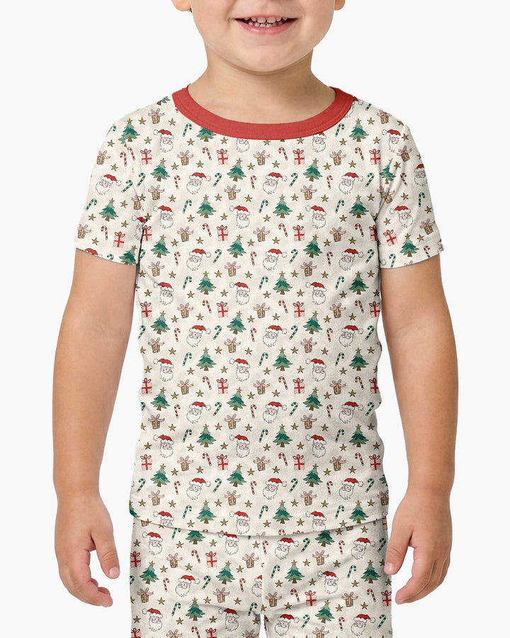 Vintage Santa Christmas Doodles Bamboo Two Piece Short Sleeve Pajama Set