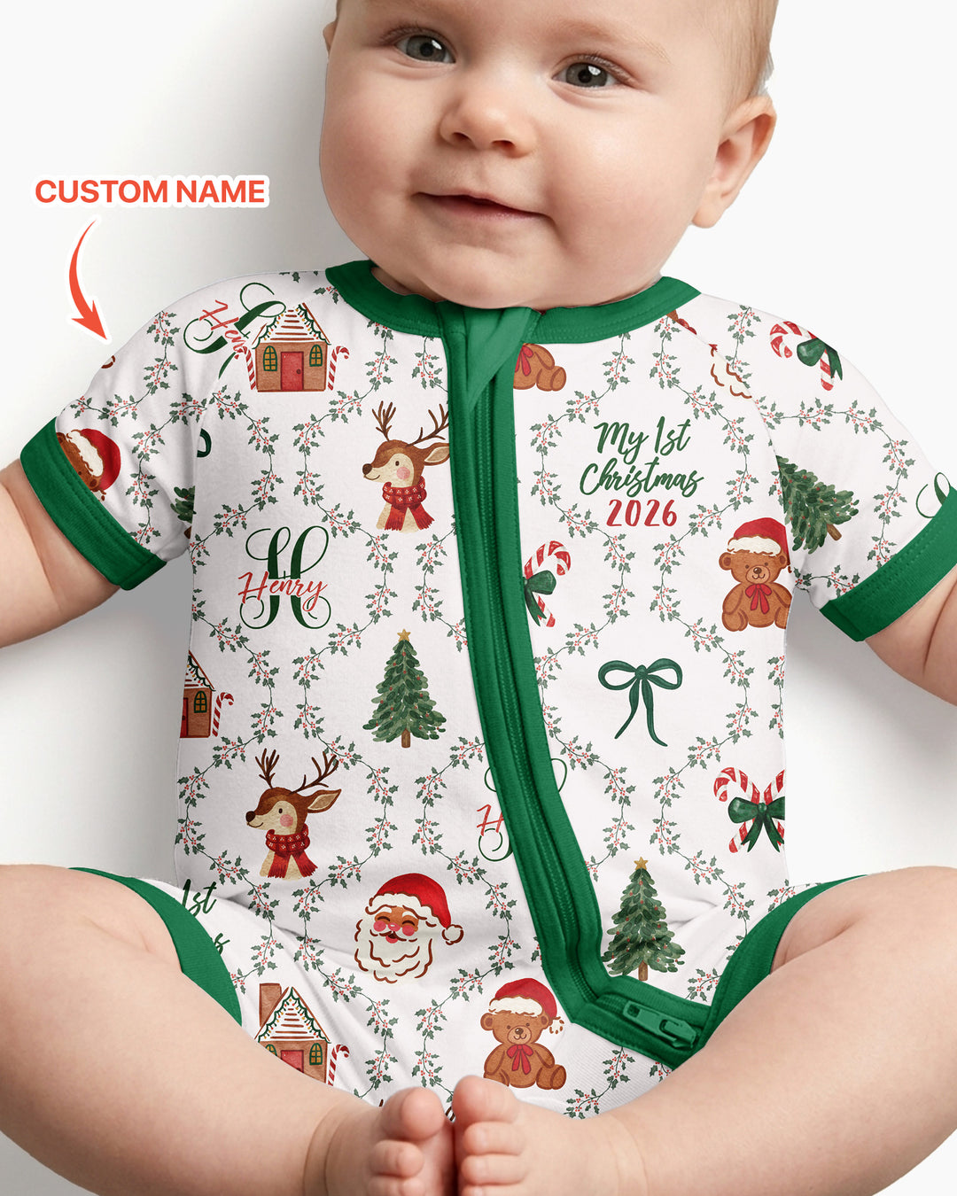 Custom name "Fancy Monogram Green Christmas 2026" Bamboo Shorty Zippy