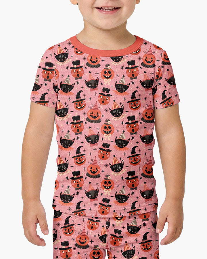 Retro Halloween Cats and Funny Pumpkins Bamboo Two Piece Short Sleeve Pajama Set