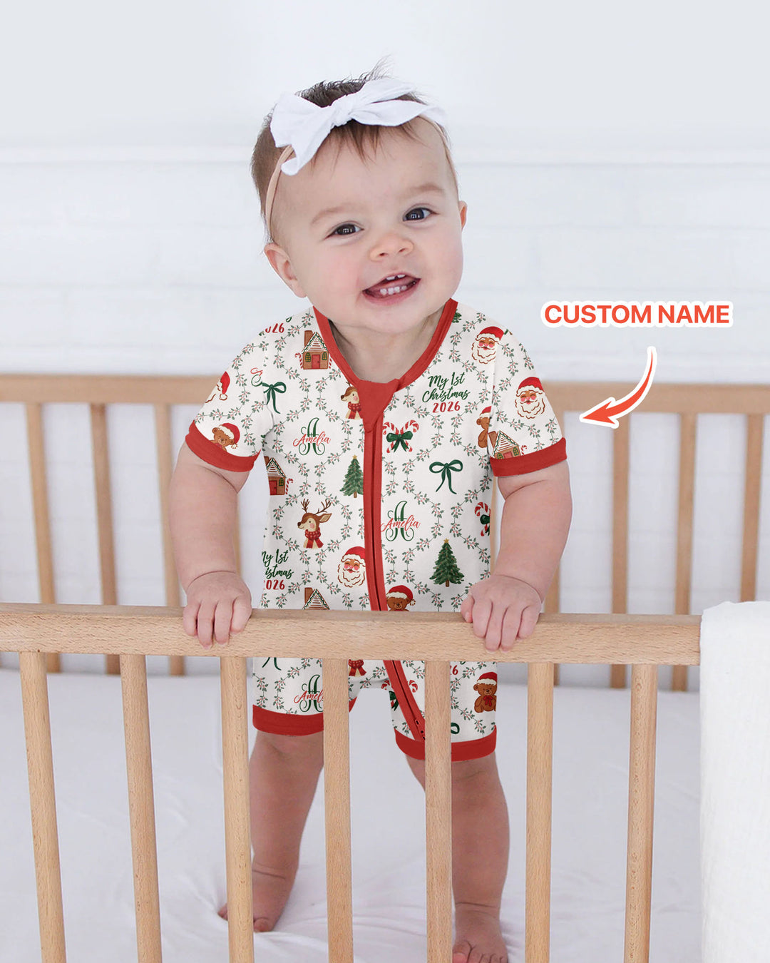 Custom name "Fancy Monogram Red Christmas 2026" Bamboo Shorty Zippy