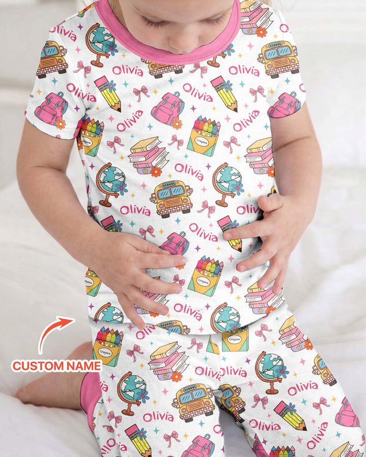 Custom Name Back To School Bamboo Two Piece Short Sleeve Pajama Set