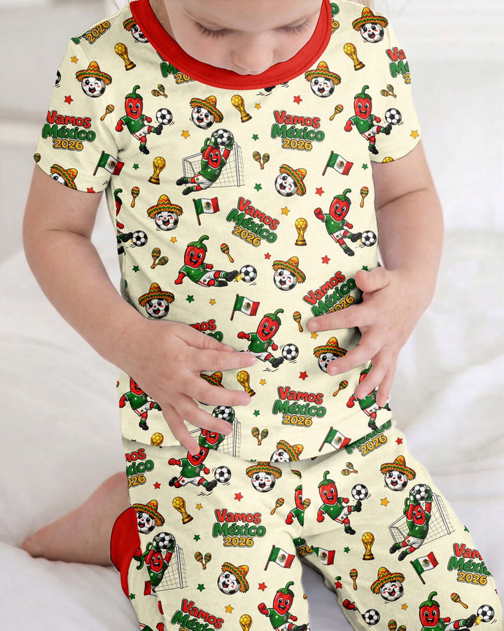 Cartoon World Soccer Vamos Mexico Family Matching Bamboo Two Piece Short Sleeve Pajama Set