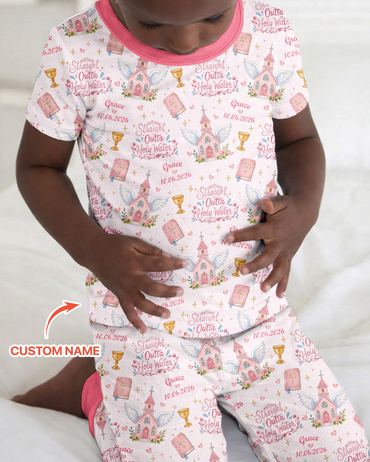 Custom Name Baptism Christening Straight Outta Holy Water Bamboo Two Piece Short Sleeve Pajama Set