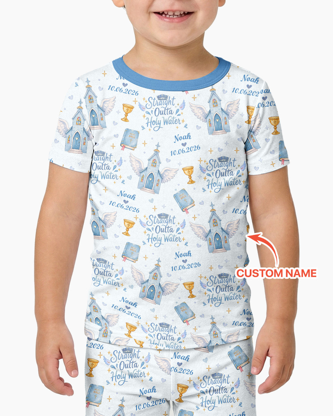 Custom Name Baptism Christening Straight Outta Holy Water Bamboo Two Piece Short Sleeve Pajama Set
