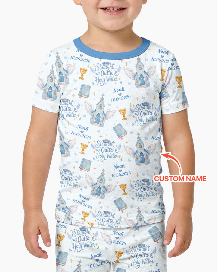 Custom Name Baptism Christening Straight Outta Holy Water Bamboo Two Piece Short Sleeve Pajama Set