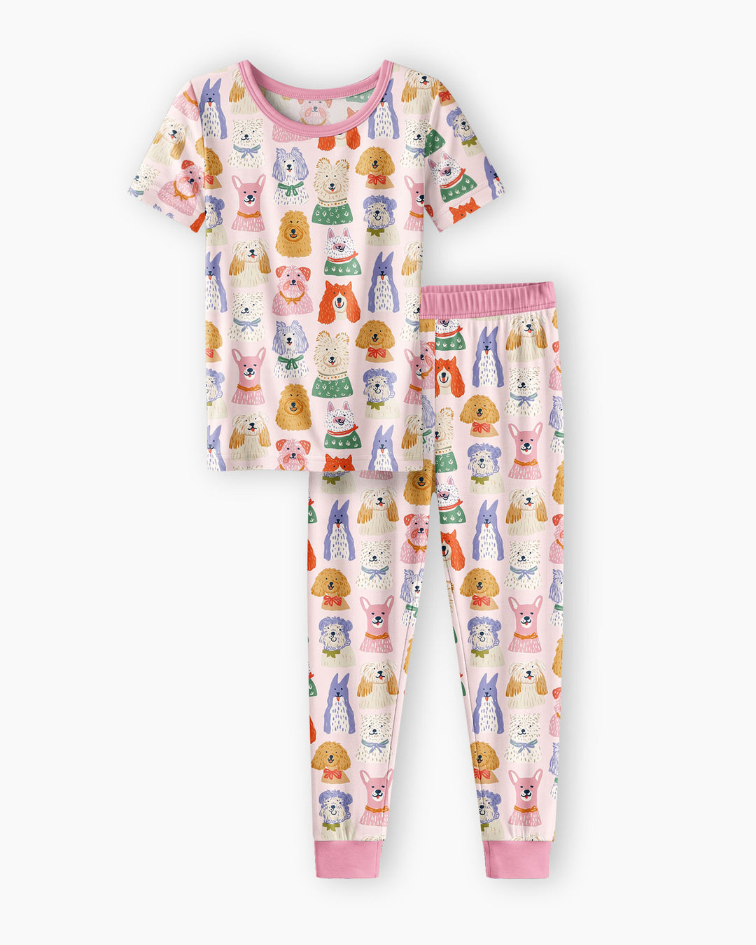 Whimsical Puppy Parade Family Matching Bamboo Two Piece Short Sleeve Pajama Set