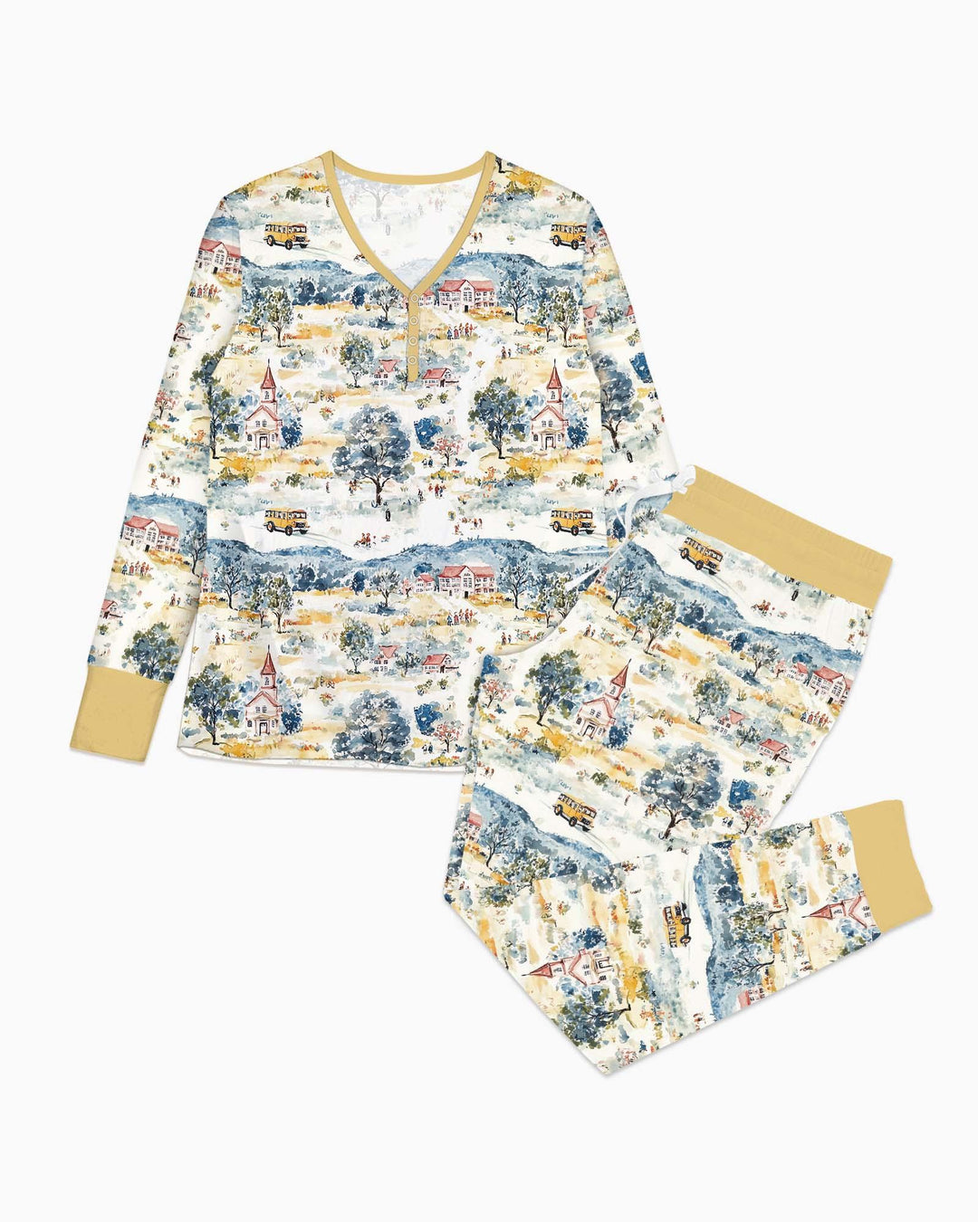 Whimsical Watercolor School Village Bamboo Women Pajama Set