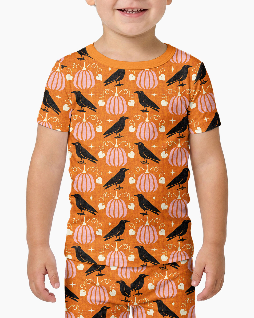 Ravens in a Pumpkin Patch - Orange Pink Bamboo Two Piece Short Sleeve Pajama Set