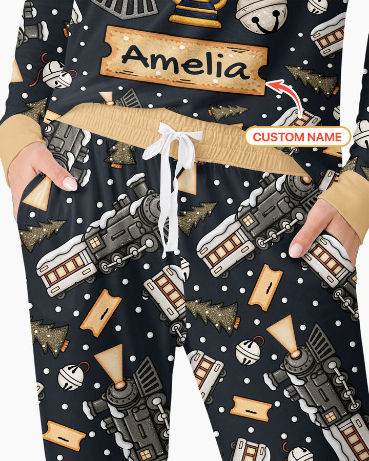 Custom Name Believe Kid Train Bamboo Women Pajama Set