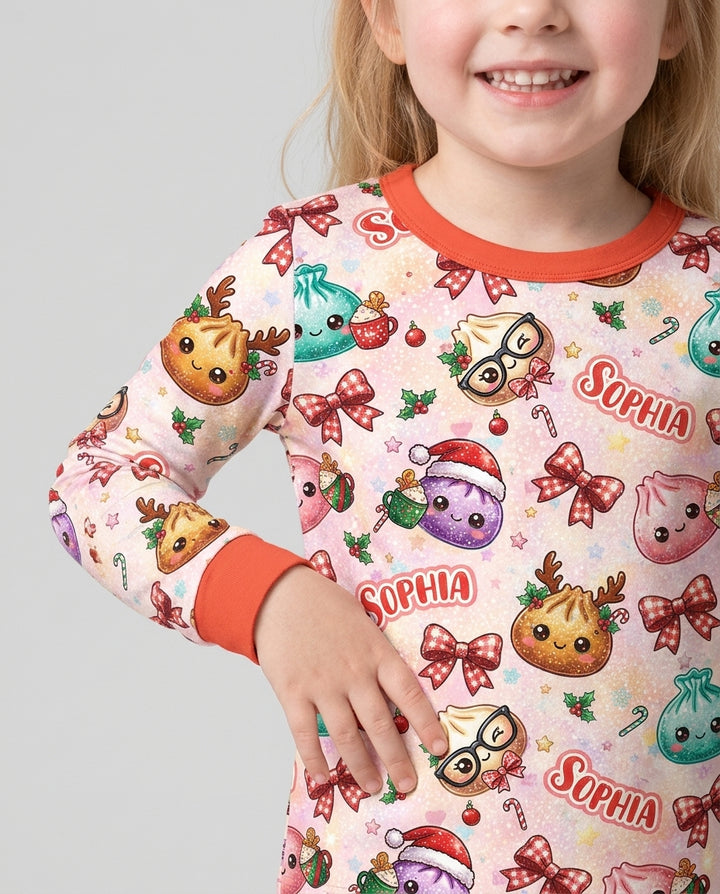Custom Name Merry Christmas Dumpling Bamboo Two Piece Long Sleeve Pajama Set