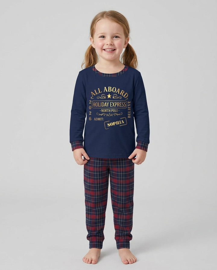 Custom Name North Pole Plaid Bamboo Two Piece Long Sleeve Pajama Set