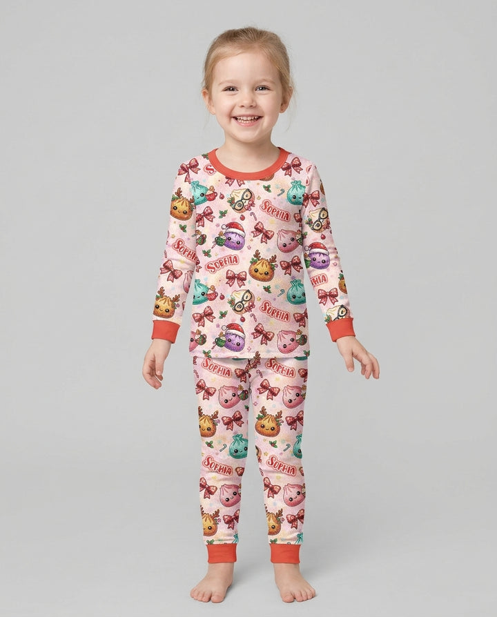 Custom Name Merry Christmas Dumpling Bamboo Two Piece Long Sleeve Pajama Set