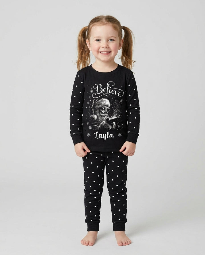 Custom Name Vintage Believe Santa Bamboo Two Piece Long Sleeve Pajama Set