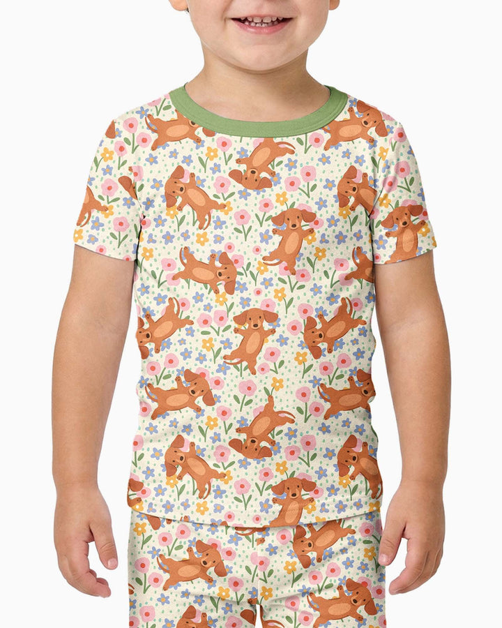 Dachshund Blooms Family Matching Bamboo Two Piece Short Sleeve Pajama Set