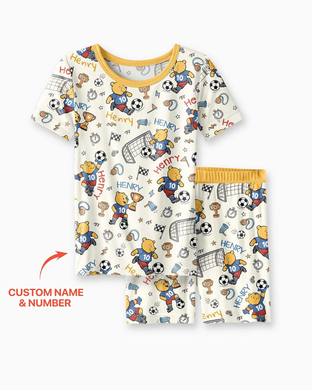 Personalized Classic Bear World Soccer Bamboo Two Piece Short Sleeve Shorts Pajama Set