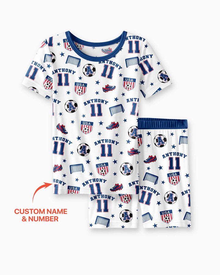 Custom Name Soccer Time Bamboo Two Piece Short Sleeve Shorts Pajama Set
