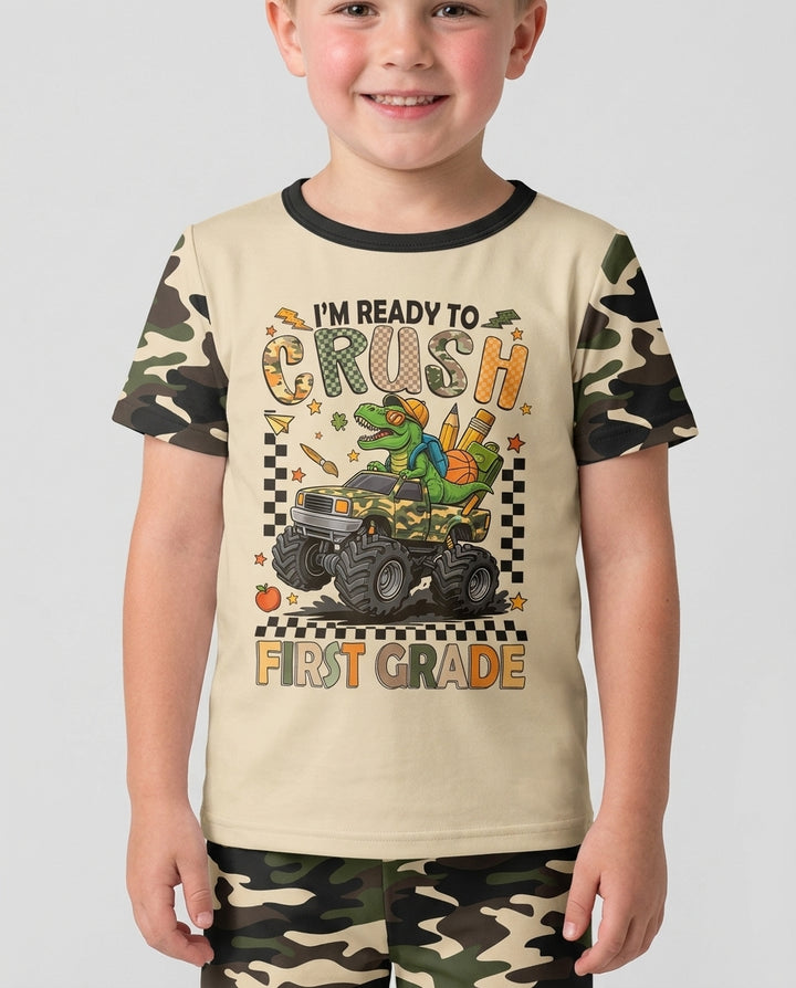 Back To School Monster Truck Dino Bamboo Two Piece Short Sleeve Shorts Pajama Set
