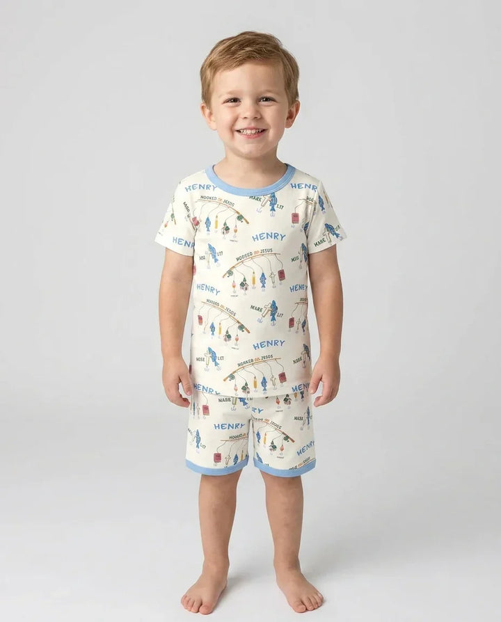 Hooked On Jesus Fishing Matching Bamboo Two Piece Short Sleeve Shorts Pajama Set