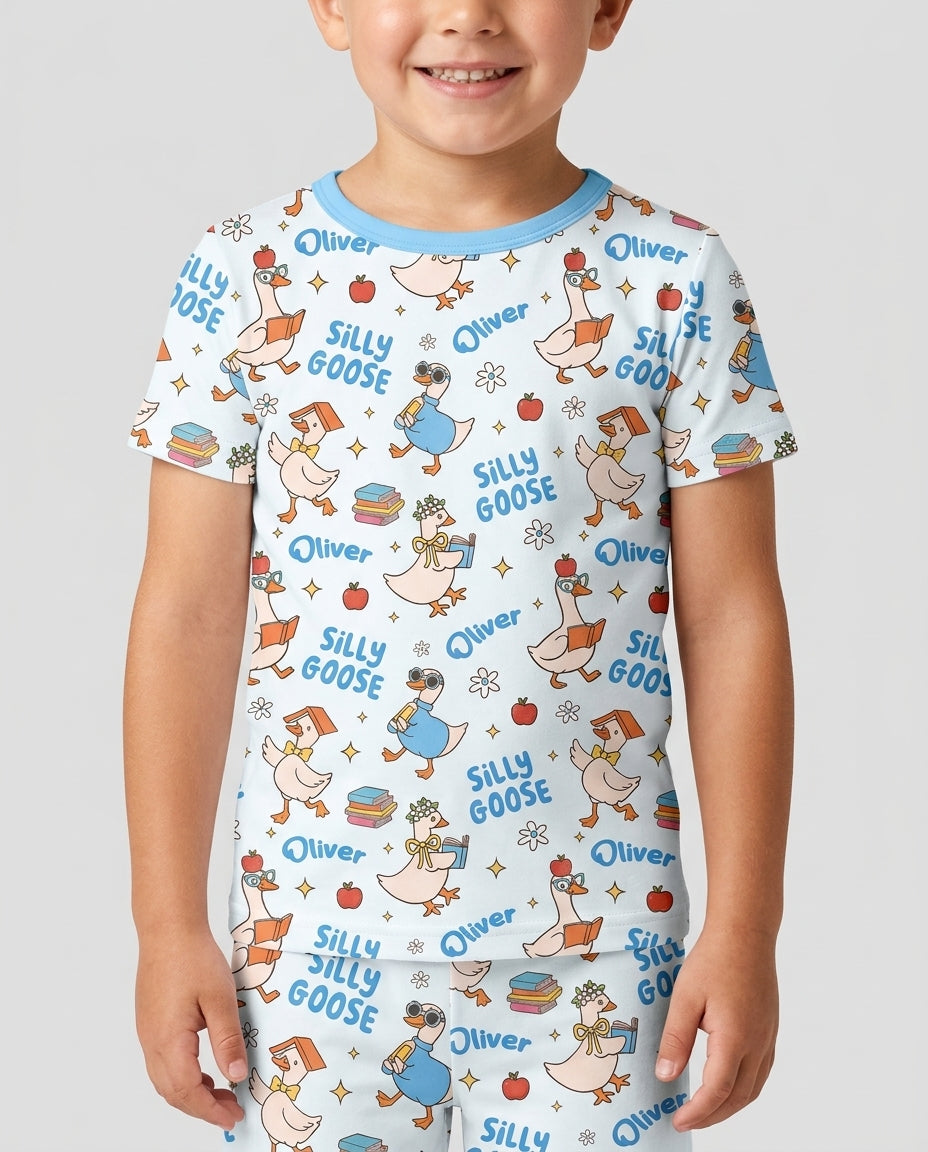 Custom Name Silly Goose Back to School Bamboo Two Piece Short Sleeve Shorts Pajama Set