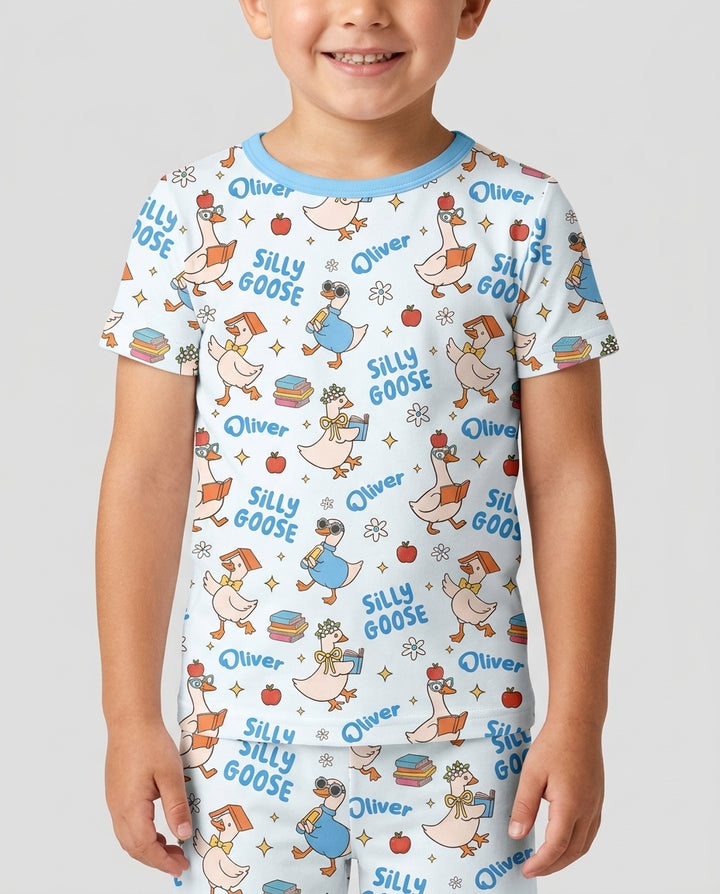 Custom Name Silly Goose Back to School Bamboo Two Piece Short Sleeve Shorts Pajama Set