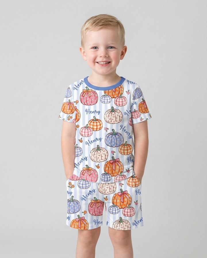 Custom Name Pumpkin Patch Bamboo Two Piece Short Sleeve Shorts Pajama Set