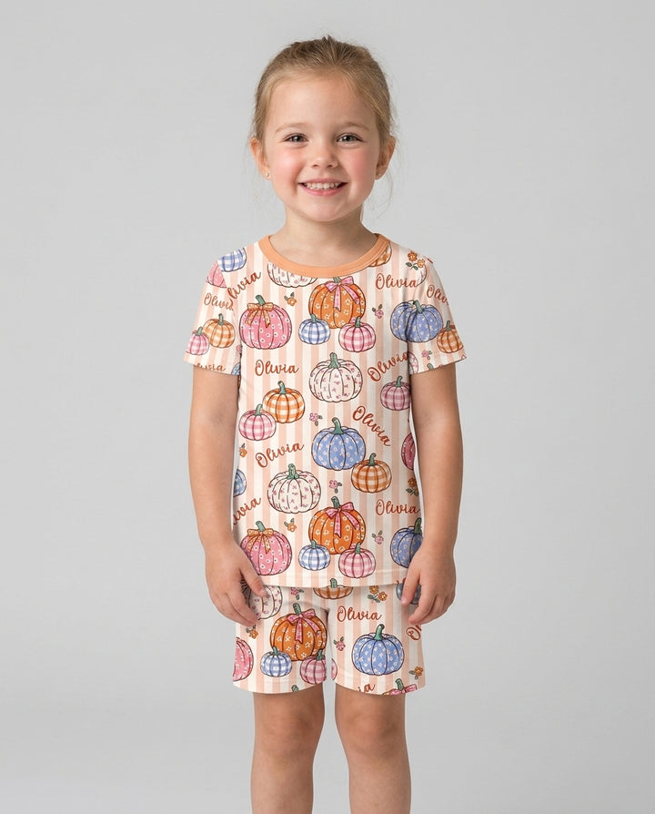 Custom Name Pumpkin Patch Bamboo Two Piece Short Sleeve Shorts Pajama Set
