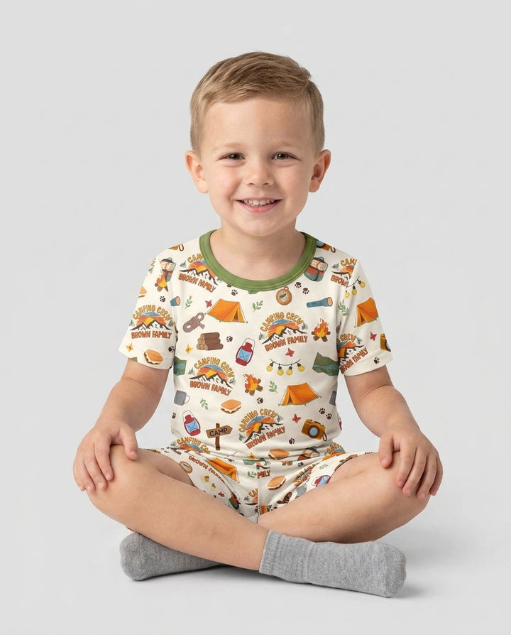 Custom Name Camping Crew Family Matching Bamboo Two Piece Short Sleeve Shorts Pajama Set