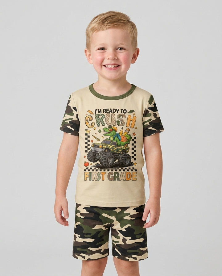 Back To School Monster Truck Dino Bamboo Two Piece Short Sleeve Shorts Pajama Set