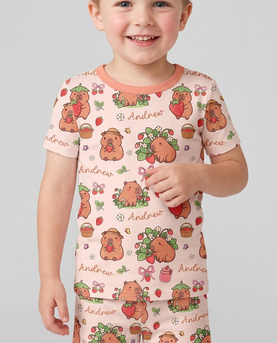 Custom Name Capybara Strawberry Bamboo Two Piece Short Sleeve Shorts Pajama Set