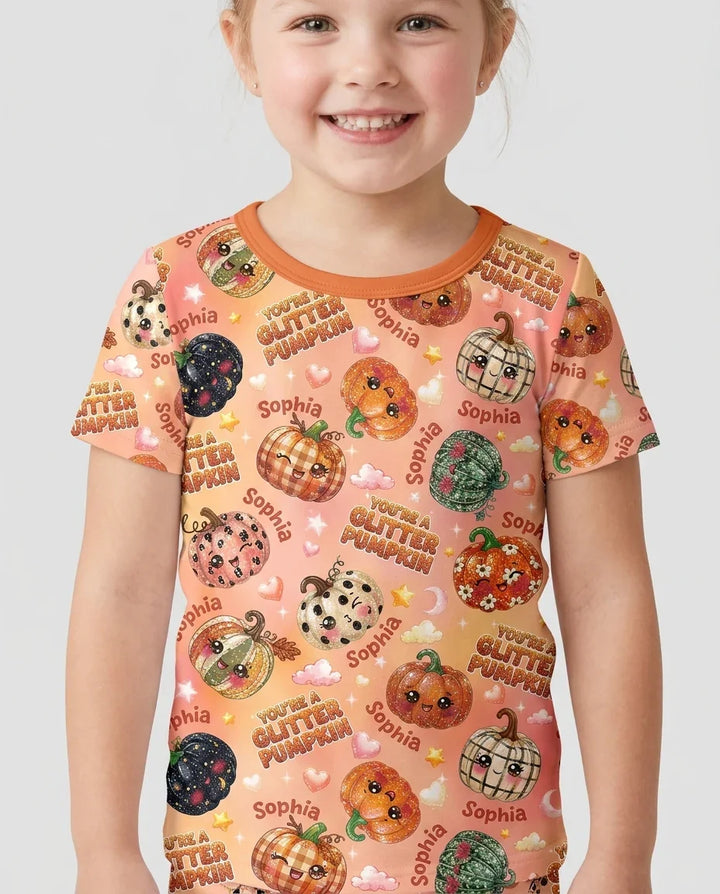 Custom Name You're A Glitter Pumpkin Bamboo Two Piece Short Sleeve Shorts Pajama Set