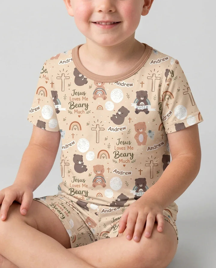 Custom Name Jesus Loves Me Beary Much Bamboo Two Piece Short Sleeve Shorts Pajama Set