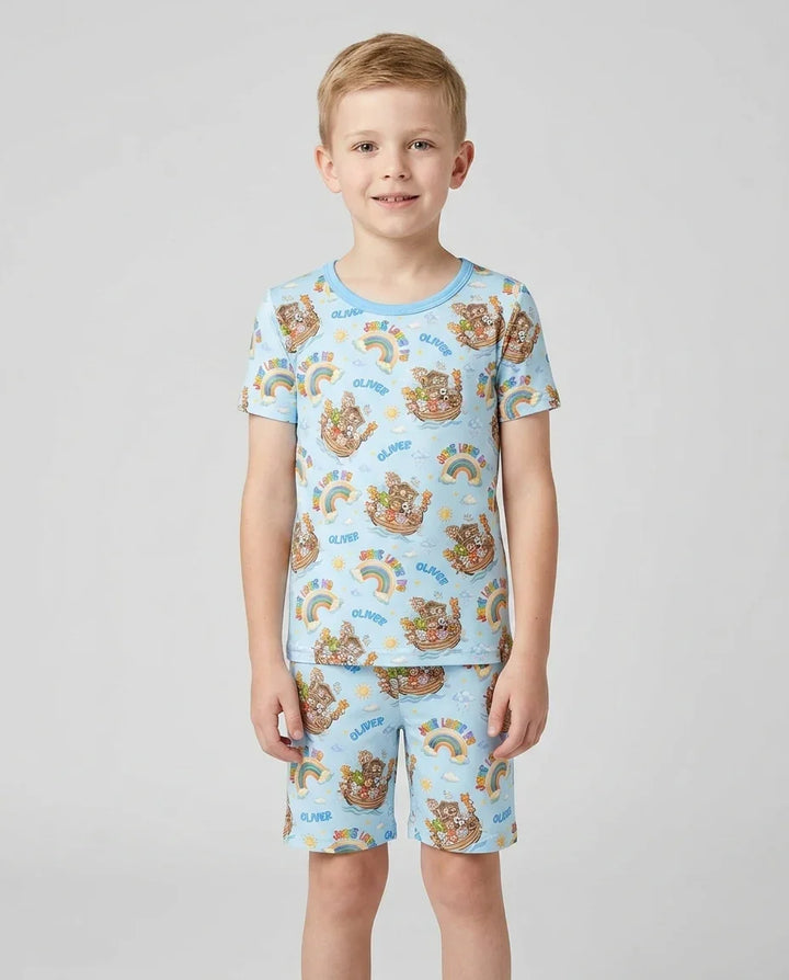 Custom Name Jesus Loves Me Noah's Ark Bamboo Two Piece Short Sleeve Shorts Pajama Set