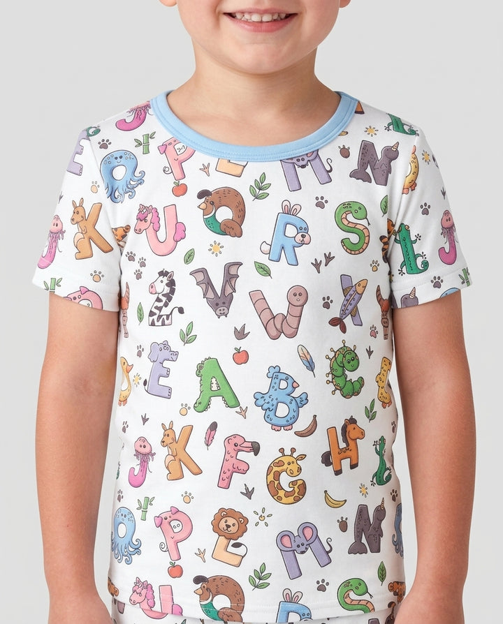 Animals Alphabet Bamboo Two Piece Short Sleeve Shorts Pajama Set